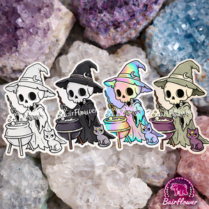 Witchy Skeleton Sticker | Matte, Glossy, Holographic & Muted Boho Vinyl Sticker | Cute Spooky Cauldron Cat Sticker