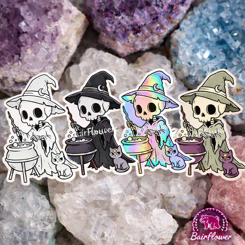 Witchy Skeleton Sticker | Matte, Glossy, Holographic & Muted Boho Vinyl Sticker | Cute Spooky Cauldron Cat Sticker