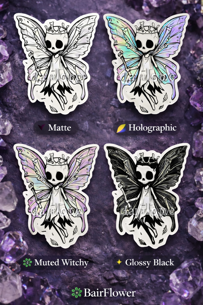 Skeleton Fairy Sticker – Matte, Holographic, Glossy & Muted Witchy | Witchy Aesthetic Vinyl Sticker