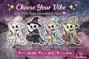 Witchy Skeleton Sticker | Matte, Glossy, Holographic & Muted Boho Vinyl Sticker | Cute Spooky Cauldron Cat Sticker